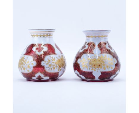 Pair of Antique Bohemian Cased Ruby and White Glass Vases with Gilt Painted Accents. Unsigned. Rubbing, typical scuffs to bas