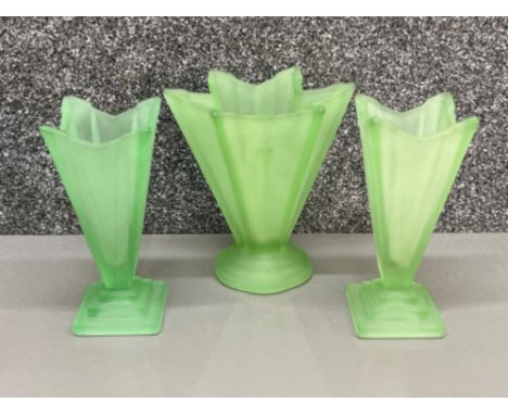 Bagley green glass suite 3 Matt vases, Bagley Tudor rose handkerchief vase and Stuart crystal