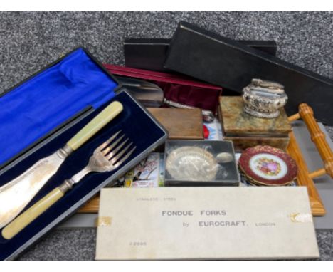 Tray of miscellaneous cutlery, silver with coin ashtray and Ronson table lighter