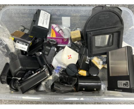 Mixed Crate of miscellaneous camera accessories including Canon motor drive MA, Horseman rotary back &amp; Polaroid photo div