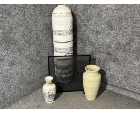 3 various vases and fire screen
