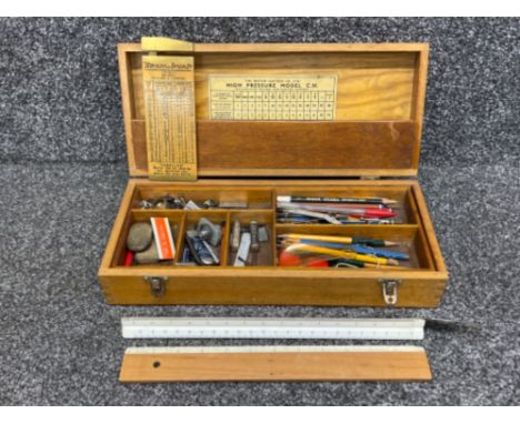 Large box of vintage stationery equipment including Rulers, wooden case and pencils etc