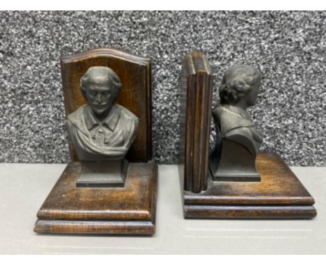 Vintage wood and cast metal Shakespeare theme book ends