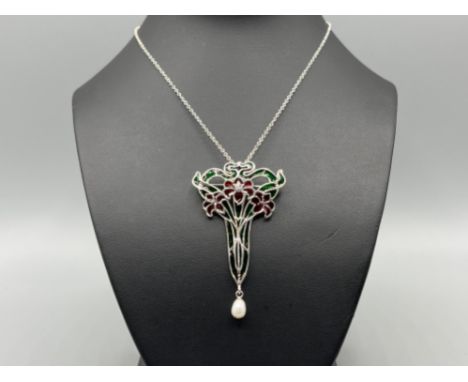 Silver and plique a jour art nouveau style necklace with pearl drop
