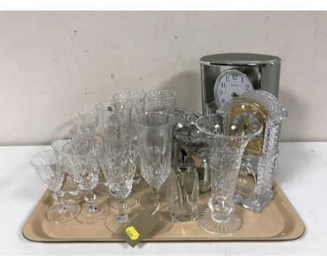 A tray of lead crystal mantel clock, one other, rose bowl, vase, drinking glasses etc 