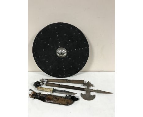 A collection of weapons inc. bone handled knife in sheath, reproduction Mace axe and shield 