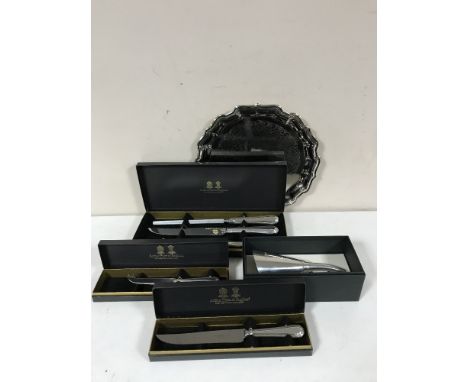 A plated tray and a boxed Arthur Price bread knife & cheese knife, cased serving set and a Lacone decanter 
