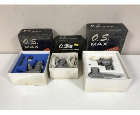Three boxed O.S. model air craft engines - FS-40, 4 / cycle engine, 61 VF, 61 FSR 