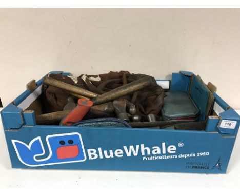 Two boxes of hand tools, grinding discs, wood working plane, hand axe etc 