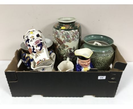 A box of pottery vase, three graduated jugs, Masons Mandalay vase, Poole vase, Burlington ware toby jug et 