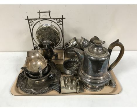 A collection of silver and plated items to include silver spoon, plated dinner gong on stand, coffee pot, chamber stick, sauc