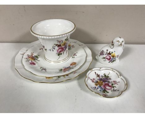 Five pieces of Royal Crown Derby including a Spaniel paperweight, Derby posy planter, dish and two plates