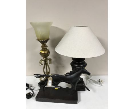 A contemporary table lamp & shade, hurricane style lamp and a metal ornament of a horse 