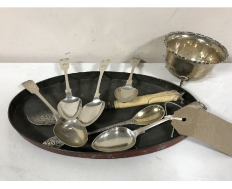Five silver teaspoons and one other, silver knife and a scrap silver sugar basin 