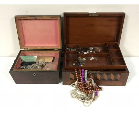 A 19th century caddy and a jewellery box containing a quantity of costume jewellery