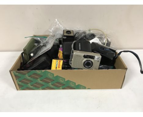 Two boxes of digital cameras inc Fuji Film, Olympus, Pentax camera, camera bags, accessories etc 