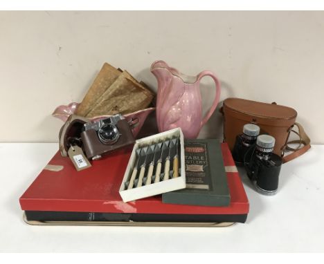 A tray of Maling, Beswick dog, cased cutlery, Helina camera etc 