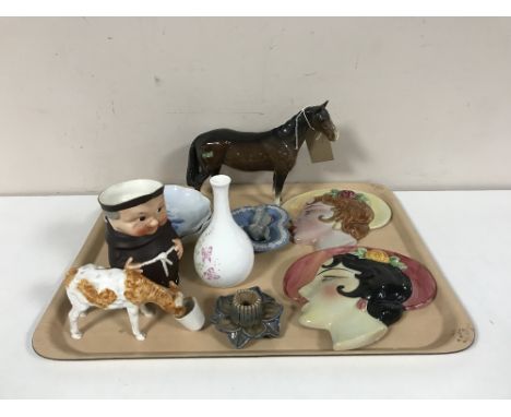 A tray containing Goebel monk character jug, pair of Bing and Grondahl dishes, pair of Art Deco wall masks, Wedgwood dish, Be