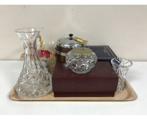 A tray containing Waterford crystal carafe, lead crystal vase and sugar basin, oak and chrome biscuit barrel, etched glasses 