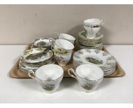 Five Royal Albert bone china trios together with a Royal Albert saucer and plate and assorted china cups and plated depicting