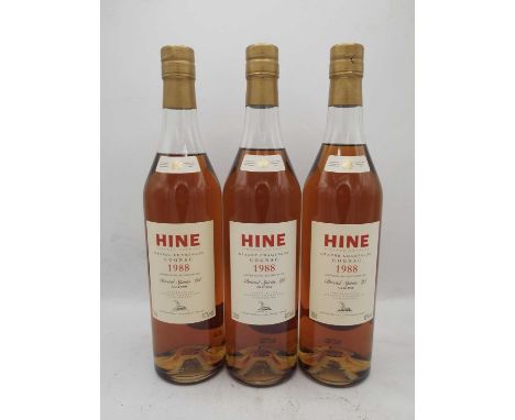 6 bottles Hine Grande Champagne Cognac 1988
Landed 1990, bottled 2006 by Bristol Spirits
This lot is subject to VAT on the ha