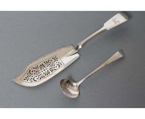 AN EARLY VICTORIAN SILVER FISH SLICE, maker's mark W.T., London 1841, in fiddle pattern with foliate pierced blade, engraved 