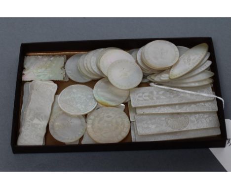 A COLLECTION OF CHINESE MOTHER OF PEARL GAMING COUNTERS including six oblong with a coat of arms and motto "Murus Aheneus", t