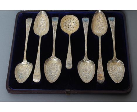 A COMPOSITE GEORGE III SILVER FRUIT SERVING SET, comprising three pairs of Old English pattern tablespoons, all London, compr
