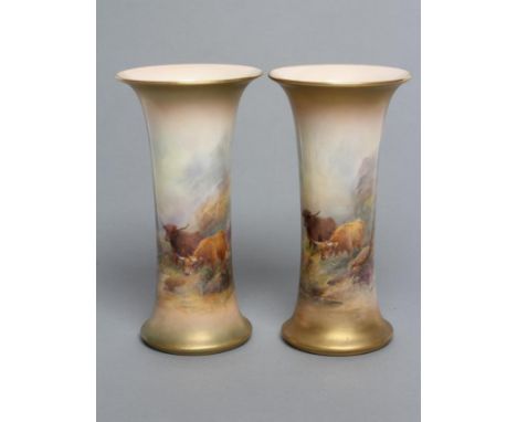 A PAIR OF ROYAL WORCESTER CHINA VASES, c.1921, of waisted cylindrical form, painted in polychrome enamels by Harry Stinton wi
