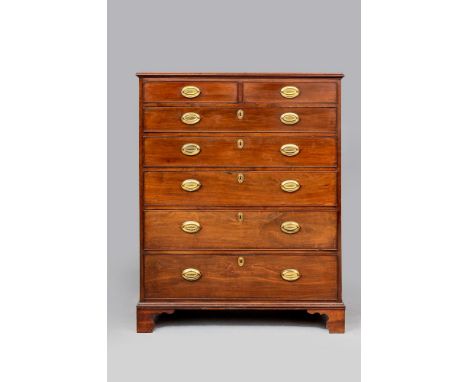 A GEORGIAN MAHOGANY TALL CHEST, late 18th century, the moulded edged top over two short and five long cockbeaded drawers with