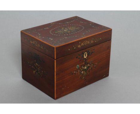 A GEORGIAN MAHOGANY TEA CADDY, c. 1800, of oblong form with box wood edge stringing, painted with music and garden trophies w