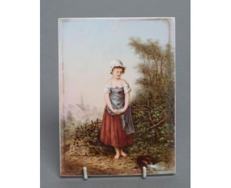 AN ENGLISH PORCELAIN PLAQUE, possibly Derby, painted by James Rouse with a young barefoot peasant girl standing beside a brok