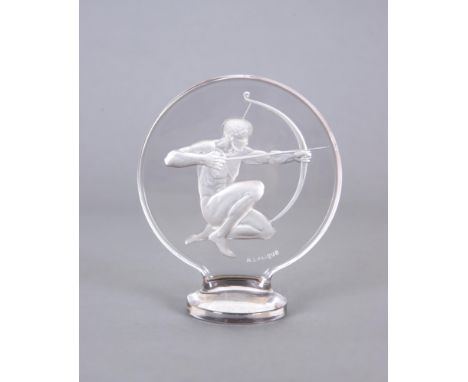 A LALIQUE GLASS CAR MASCOT, the intaglio moulded Archer with a satin finish, moulded R. LALIQUE, 4" diameter (Illustrated) (E