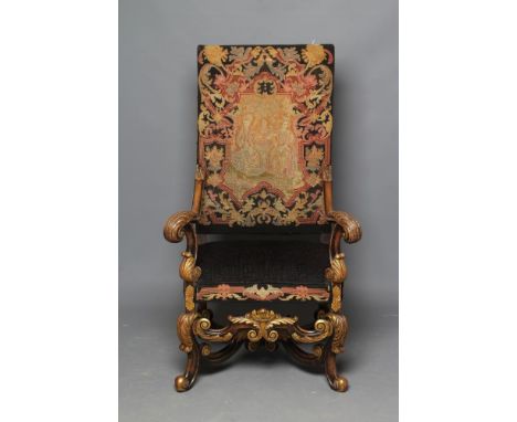 A CAROLEAN STYLE EBONISED BEECH AND PARCEL GILT ARMCHAIR, early 20th century, the padded back with straight top rail and with