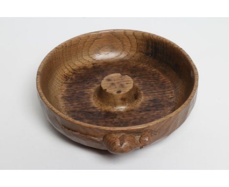 AN ADZED OAK PIPE BOWL BY ROBERT THOMPSON, the shallow bowl with central boss and carved mouse trademark in high relief to th