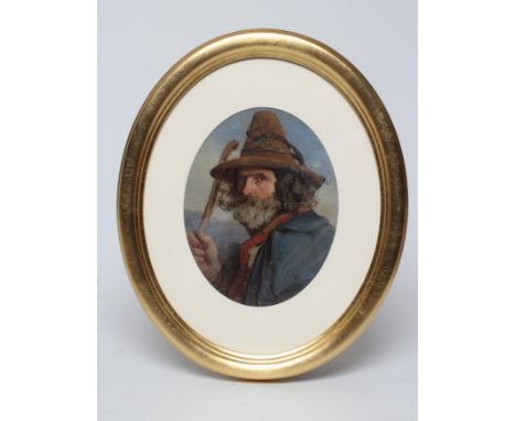 JAMES HALLER (1829-1920), Portrait of a Bearded Man with Hat and Stick, oval, oil on board, signed, 7" x 6", gilt frame (Est.