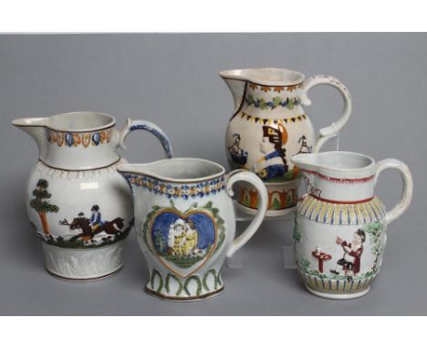 FOUR PRATTWARE JUGS, early 19th century, variously moulded in relief with a bust portrait of Nelson, an allegory of "Plenty",