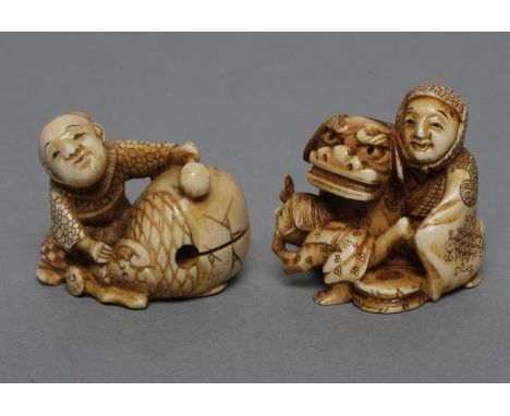 TWO JAPANESE IVORY NETSUKE, Meiji period, one carved as a child seated beneath a cracked egg, 1" high, the other as a young m