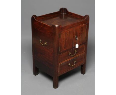 A GEORGIAN MAHOGANY NIGHT COMMODE, late 18th century, the galleried top over two crossbanded doors with stringing and brass d