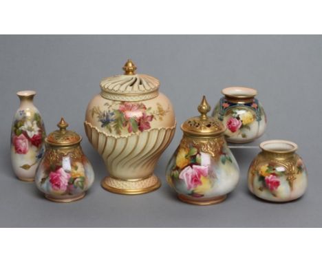 A ROYAL WORCESTER CHINA POT POURRI AND COVER, c.1910, of lobed circular form, painted in colours by Gertie Taunt, with full b