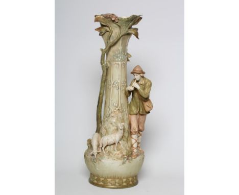 A LARGE ROYAL DUX FIGURAL VASE, early 20th century, the young piping shepherd standing with two sheep at his side, model 1719