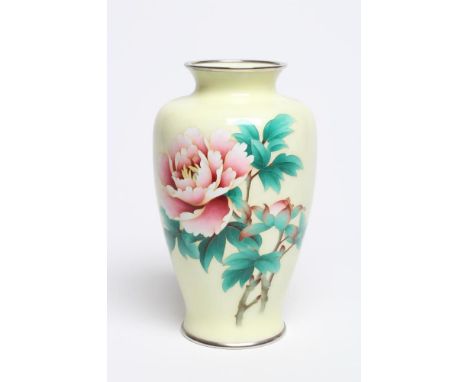 AN ANDO CLOISONNE ENAMEL VASE, post 1937, of flared cylindrical form with rounded shoulders, enamelled in pinks, cream and gr