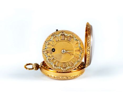 A LATE GEORGE III 18CT GOLD POCKET WATCH, the engine turned dial with applied Roman numerals within tri-colour swags, the key