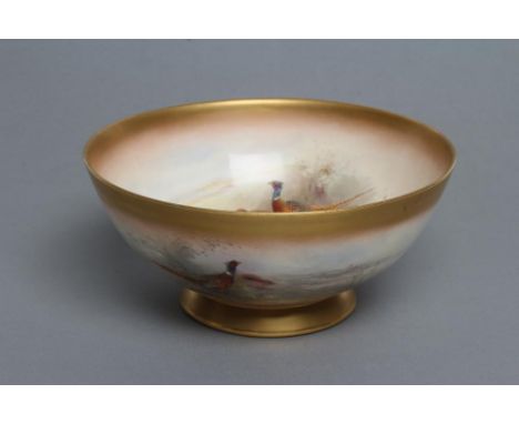 A ROYAL WORCESTER CHINA BOWL, 1919, of plain circular form, painted in polychrome enamels by James Stinton with pheasants in 