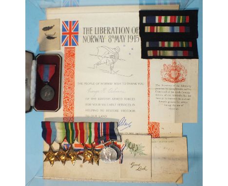 A group of eight medals awarded to K65285 G H Osborne S P O HMS Drake: 1939-45, Atlantic, Africa, Pacific and Italy Stars, Wa