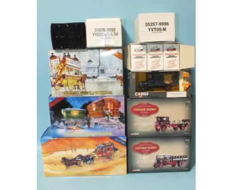 Corgi: two Vintage Glory of Steam wagons, 80010 &amp; 80206, three Matchbox Models of Yesteryear Heritage Horse Drawn Carriag