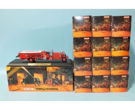 Matchbox Models of Yesteryear Fire Engine series: YSFE01 1930 Ahrens-Fox "Quad" with stand and twelve others, all boxed, (13)