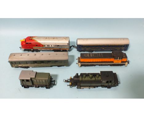 Roco HO Gauge, unboxed SNCF diesel No. BB53837, a Trix 2-4-4 tank engine No. 2230, two other diesel locomotives and two coach