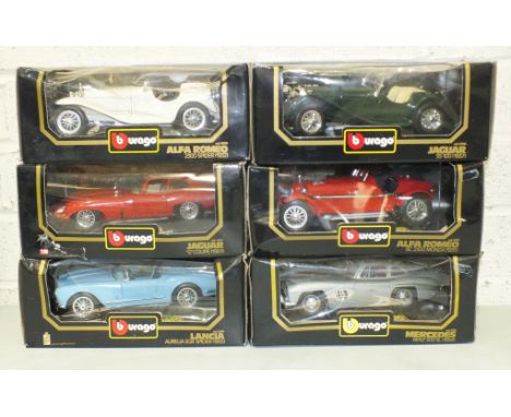 Six Burago 1:18 diecast vintage sports cars, boxed, (6).