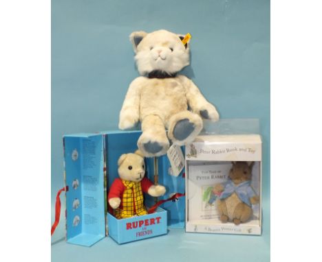 A Merrythought "Rupert &amp; Friends" Rupert Bear, boxed, an unboxed Steiff "Miau Katze" and a Peter Rabbit book and toy, box